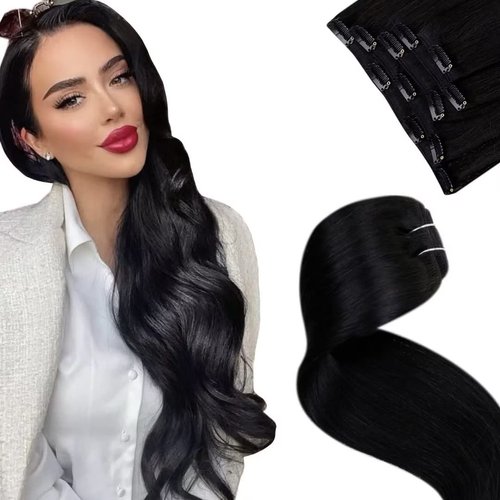 LaaVoo Clip in Hair Extensions Black Women Hair Extensions Clip ins Real Human Hair Natural Clip in Hair Extensions Real Human Hair Black Short Straight #1 5pcs 80G 12 inch