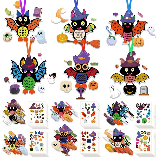 HOWAF Bat Craft Kit Stickers 24 Pack Halloween Crafts Sticker Kits for Kids Make Your Own Bat Ornament, DIY Bat Trick or Treat Projects for Halloween Holiday School Classroom Activities