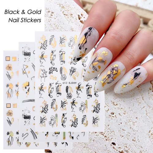 Gold Nail Art Stickers Decals, 3D Bronzing Exquisite Pattern Nail Art Supplies Luxury Self-Adhesive Graffiti Fun Leopard Print Botanical Abstract Line Design DIY Acrylic Nail Art Decoration 9 Sheets