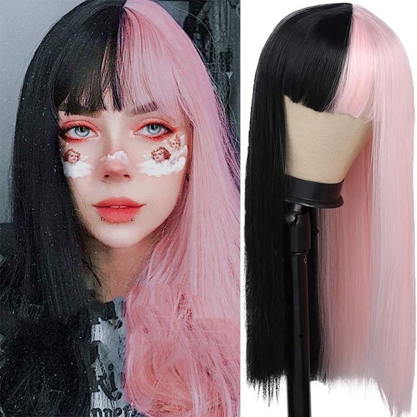 Kaneles Pink Black Half Women Wigs with Bangs Soft Natural Synthetic Fibre Hair Wigs for Women Cosplay Party Costume Use