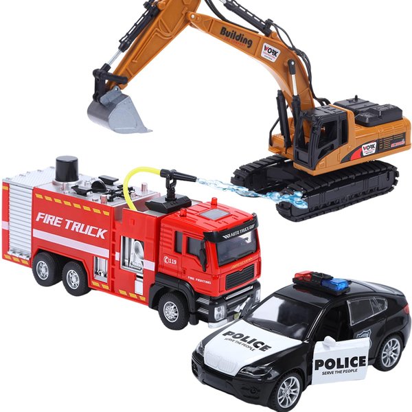 CUTE STONE 3 Pack Toddler Pull Back Car Toys, Fire Truck, Construction Truck, and Police Car with Sounds and Lights for Kids Boys and Girls