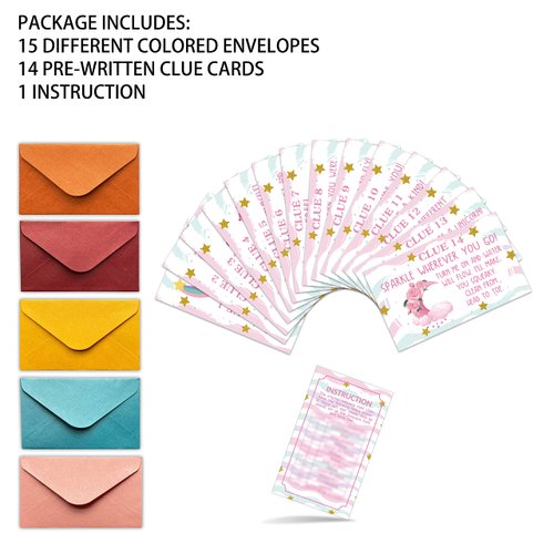 Birthday Treasure Hunt Clues Game Cards, Birthday Party Scavenger Hunt Card Game(15 Cards With Colourful Envelopes), Indoor Ourdoor Children's Day Party Activities, Birthday Party Decorations(02)