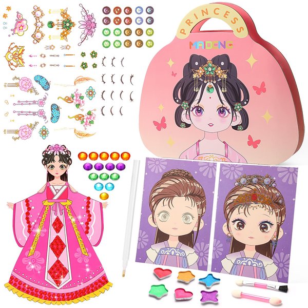 Art Crafts for Kids, 3 in 1 Paper Makeup Toys and Paper Craft Kit, with Diamond Painting & Princess Dress Up Set & Princess Makeup Fun, Birthday Gift for Girls Ages 4 5 6 7 8 9 Year Old