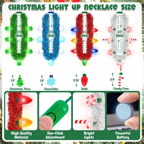 Christmas Party Favors, 4PCS Christmas Lights Necklace, LED Christmas Accessories, 3 Modes Christmas Necklaces, Colorful Snowflakes Bulbs Christmas Lights Necklace Light Up for Kids Family Gathering