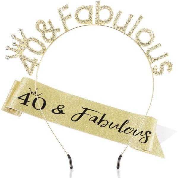 Atoden Gold 40 and Fabulous Birthday Sash 40th Decorations Headbands for Women Tiara 40 Year Old Queen Crown 40th Gifts Women
