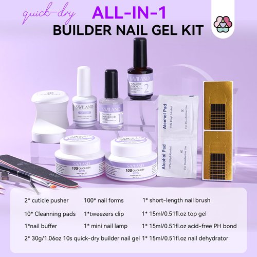 SAVILAND Quick-dry Builder Nail Gel Kit - Clear Pink Builder Hard Gel with Mini UV Light, Top Gel, Nail Dehydrator, Non-acid PH Bond Primer and Nail Extension Application Tools for beginners