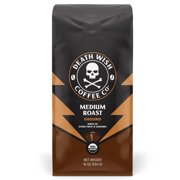 Death Wish Coffee Co., Organic and Fair Trade Medium Roast Ground Coffee, 16 Ounce (Pack of 1)