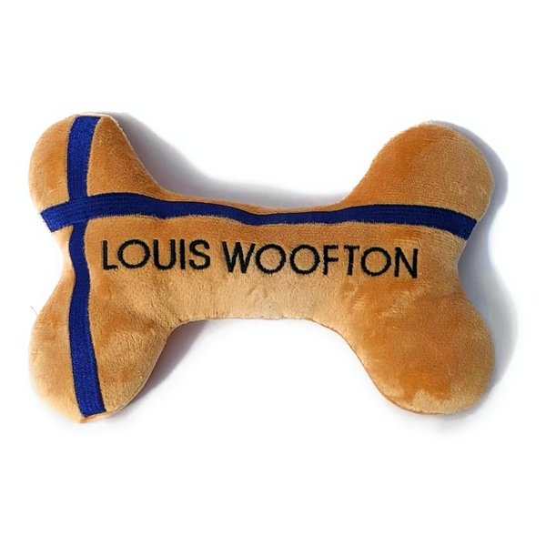Vanity Fur Pet Shop 2-in-1 Plush Squeaky Dog Toy with Rubber Bone | Interactive & Enrichment Chew Toy for Dogs | Louis Woofton Designer Parody – Orange Fashion | Durable, Stuffed & Squeaker Toy