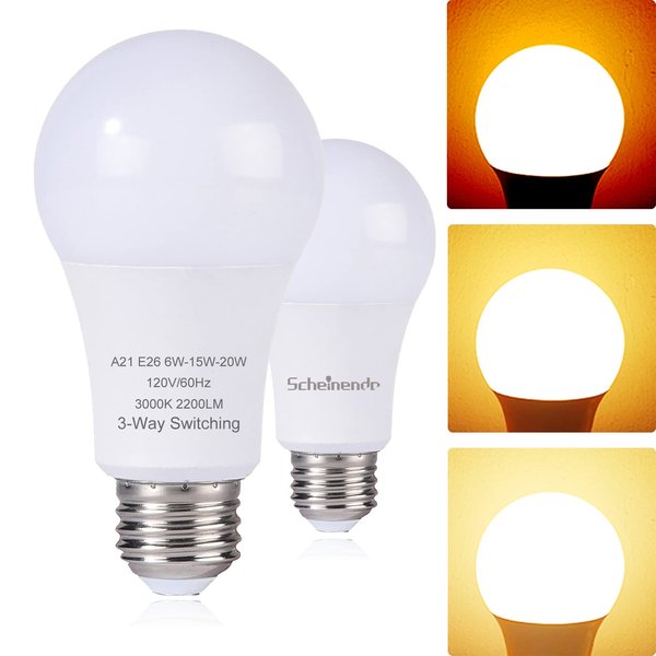Scheinenda 3-Way Led Light Bulbs A21, 50 100 150 Watt Equivalent, Perfect for Reading, 3000K Warm White, Indoor Standard E26 Bulb, Energy Efficient 20 Watt, 2200 Lumens, 2 Pack