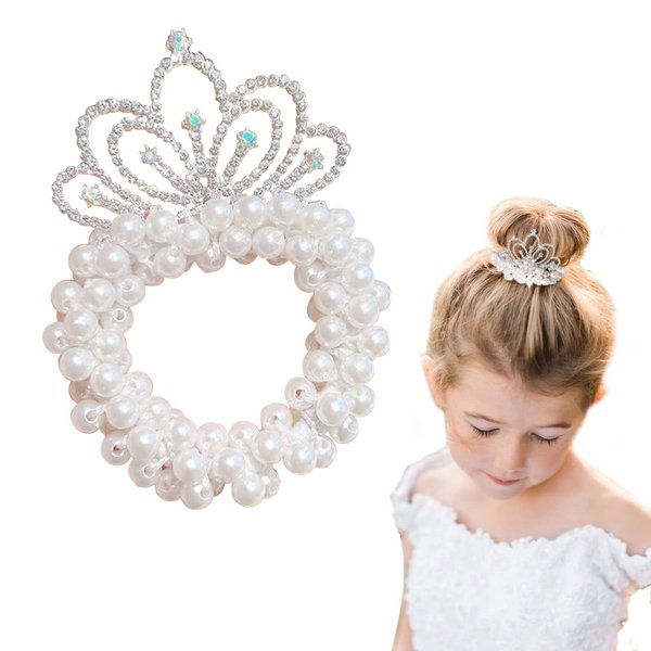 Baby Toddler Hair Ties, Pearl Beads Hair Scrunchies with Crown, Hair Ties Band Elastic Hari Bands Ponytail Holders Hair Accessories for Princess Crystal Shiny Tiaras Headbands (Cloud)