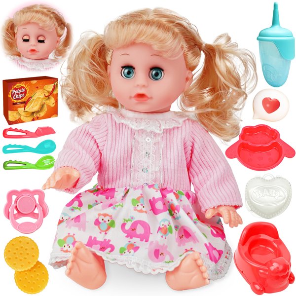 Toy Choi's Interactive Baby Doll Pink - 14 Inch Crying Talking Feeding Dolls with Open/Close Eyes,Different Sounds and Accessories - Pretend Play Preschool Toys for 3 4 5+ Year Old Girls Boys Gift