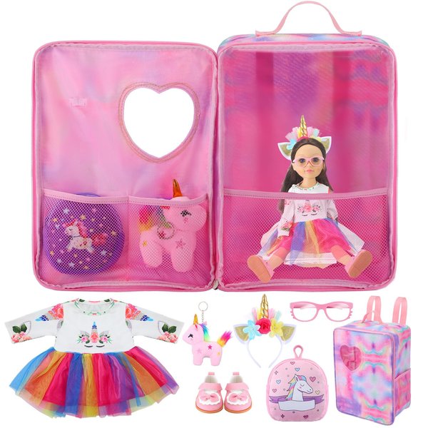 Wettarn 18 Inch Doll Carrier Set with Clothes and Accessories Including Doll Travel Bag, Doll Dress, Doll Shoes, Doll Sunglasses, Doll Backpack and Unicorn for Unicorn Birthday Gift(Pink)