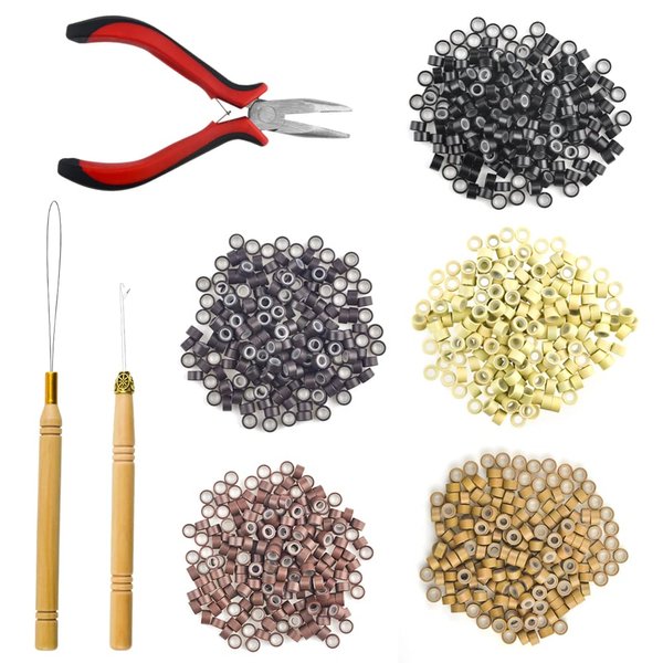 XINMEIWEN Hair Extension Kit Pulling Hook Bead Device Tool Kits and 1000 Pieces Silicone Lined Micro Rings for Professional Hair Styling Tools Accessory (5 Colors)
