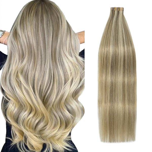 Tape in Hair Extensions, 100% Real Human Hair 18 Inch 40g, Ash Blonde Mixed Bleach Blonde Seamless Skin Weft Long Straight Highlight Silky Straight 20pcs.