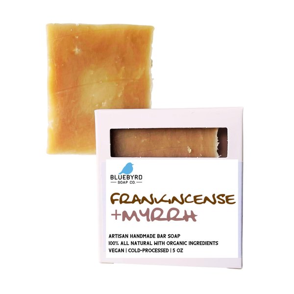 Bluebyrd Soap Co. Frankincense & Myrrh Soap Bars 5oz | 100% All Natural Soap - Scented with Pure Essential Oils | Vegan Moisturizing Coconut Oil Soap Bars For Body, Face, & Bath (Frankincense)