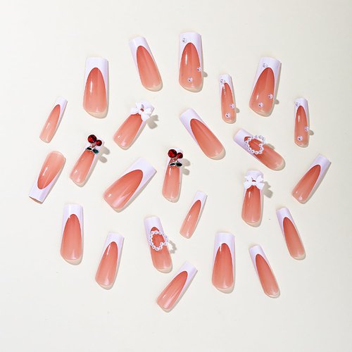 Press on Nails Coffin Long French Glossy Full Cover Acrylic Square Extra Long False Nails with Bow Gems Designs Artificial Long Coffin Fake Nails Square Glue on Fingernails with Charm for Women