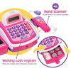 Prextex Grocery Store Pretend Play Electronic Toy Kids Cash Register Set - STEM Cash Register for Kids with Microphone, Play Money, and Food Basket - Kids Checkout Register with Scanner- Pink