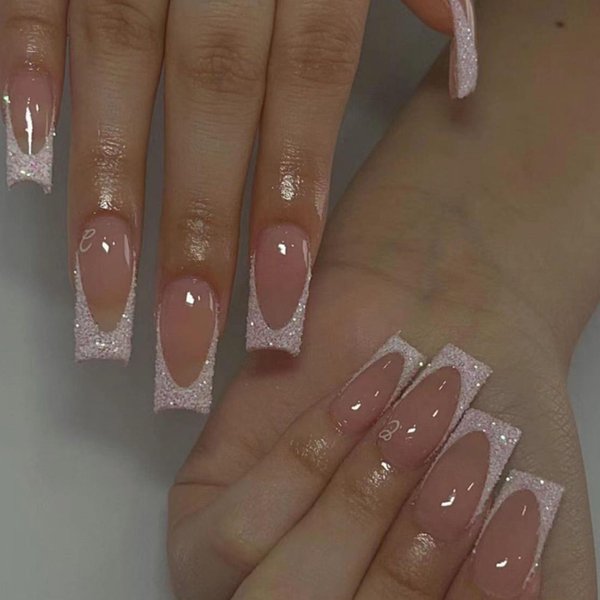 Hkanlre Shiny Square Press on Nails Shiny Fake Nails French Tips Full Cover Medium Pink False Nails for Women and Girls 24PCS