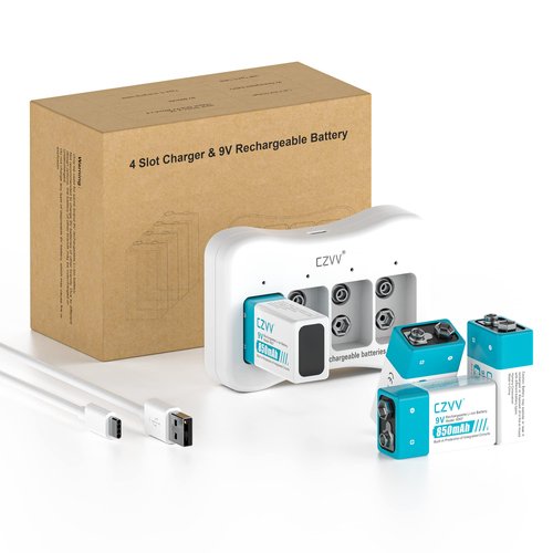 czvv Rechargeable 9V Batteries - High-Performance Lithium-ion Battery 4 Pack with 4-Bay Speed Charger - Leak-Proof Ultra Long-Lasting 8.7 Volt 1300x Cycle Times with a 10-Year Shelf Life