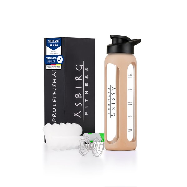 Asbirg Fitness | Protein Shaker Made of Glass | Protein Shaker | Drinking Bottle | with Spiral Ball | Beige