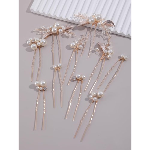 Pearls Bridal Hair Pins Beads Bride Wedding Hair Pieces U Shaped Hair Accessories Headpiece for Wedding Brides Women Girls (Gold)