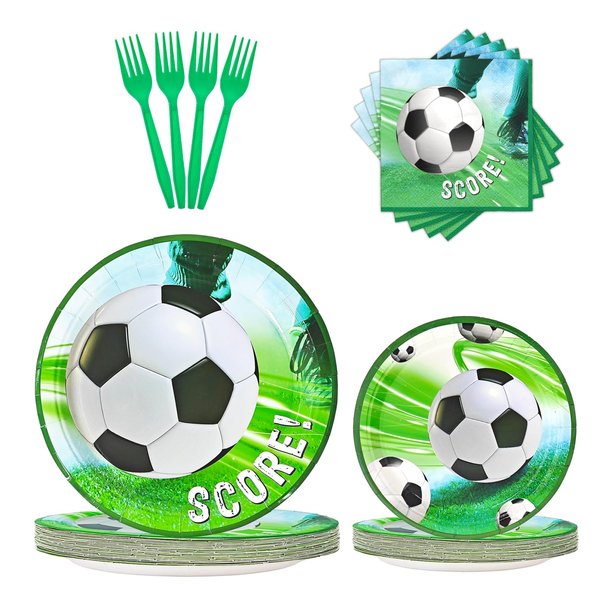 96PCS Soccer Birthday Party Plates Napkins,Soccer Party Decorations Dinnerware Set for 24 Guests,Soccer Theme Paper Plates Napkins Forks for Men Boys Birthday Decoration