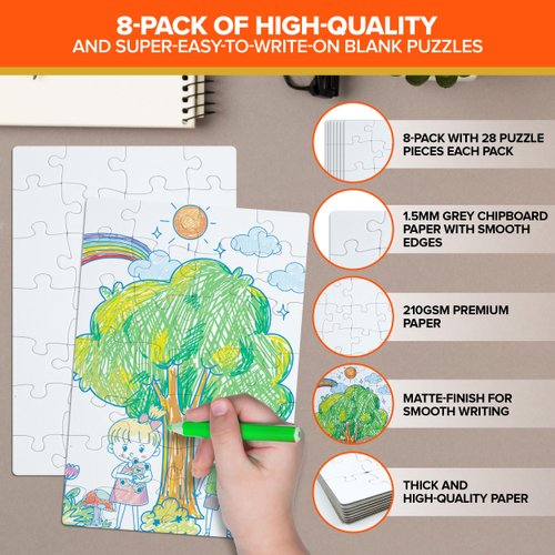 Decorably 8 Pack Blank Puzzle - 5.5x8in Blank Puzzles to Draw On, 28pcs Blank Puzzle Pieces for Crafts, Color Your Own Puzzle for Kids, Blank Puzzle Pieces to Write On, Create Your Own Puzzle