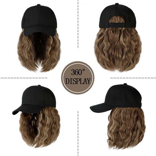 Qlenkay Baseball Cap with Hair Extensions 14inch Wavy Curly Bob Hairstyle Adjustable Wig Hat Attached Synthetic Hairpiece for Woman Light Brown Mix Ash Blonde