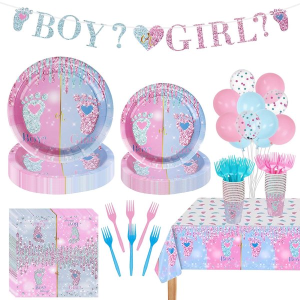 Decorniqu Gender Reveal Party Decorations 146 Pcs Serves 24 Guests Boy or Girl Party Supply with Disposable Paper Plates Napkins Cups Tablecloth Cutlery for Baby Shower Gender Reveal Party Supplies