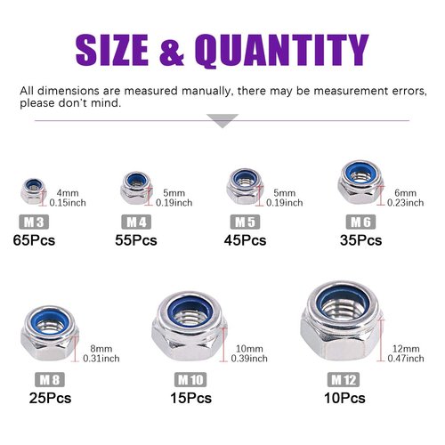 Swpeet 250Pcs 304 Stainless Steel Metric Lock Nut Assortment Kit Perfect for Lock Washers, Nylon Insert Locknut M3 M4 M5 M6 M8 M10 M12