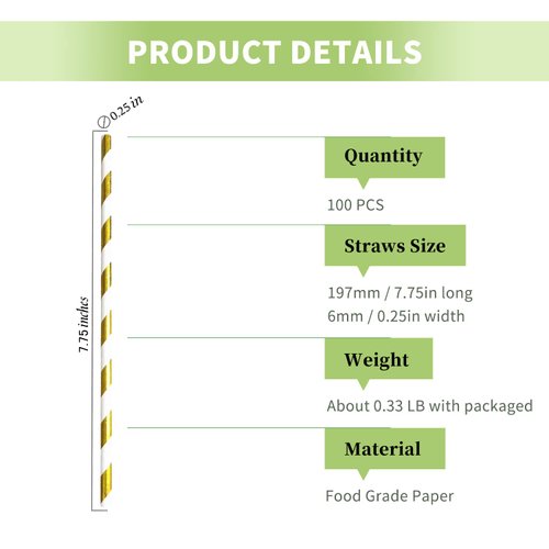 Glistening Gold Striped Paper Straws for Cake Pops Sticks, 100 PCS Disposable Drinking Paper Straw for Wedding Decorate, Glittering Color