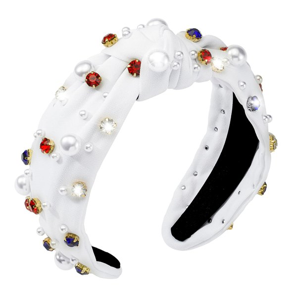Mixcbe 4th of July Headbands Pearl Knotted Headbands for Women Red White Blue Crystal Beaded Jeweled Wide Top Knot Hairband for Independence Day Holiday Headband