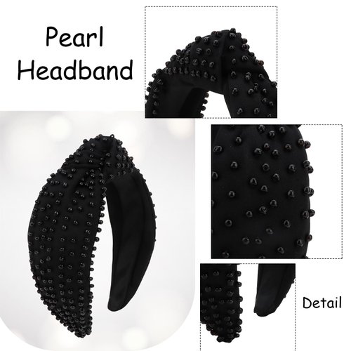 Jaciya Pearl Headband for Girls Wide Knotted Headband for Women Beaded Black Headband Knot Turban Hair Accessories