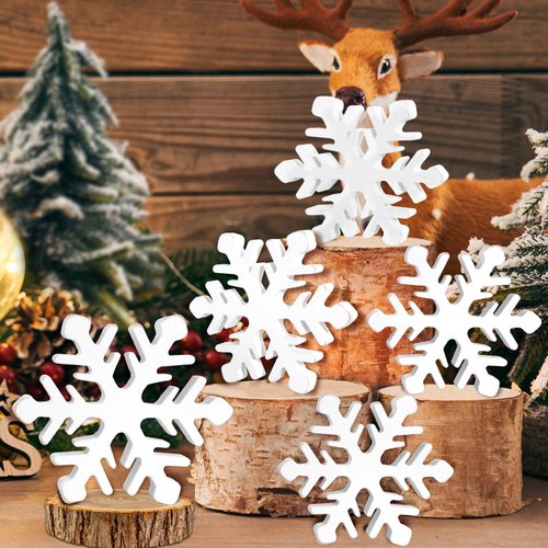 5Pcs Snowflake Christmas Table Decorations, White Distressed Wooden Snowflakes Tabletop Christmas Centerpieces Winter Farmhouse Tiered Tray Decor for Xmas Holiday Party Supplies Home Mantel Decor