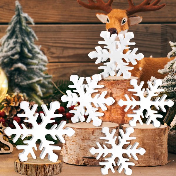 5Pcs Snowflake Christmas Table Decorations, White Distressed Wooden Snowflakes Tabletop Christmas Centerpieces Winter Farmhouse Tiered Tray Decor for Xmas Holiday Party Supplies Home Mantel Decor