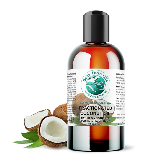 Bella Terra Oils - Organic Fractionated Coconut Oil 8 oz - Experience the Purity of Liquid Coconut, Bursting with Essential Fatty Acids, Elevate Your Skin Rituals