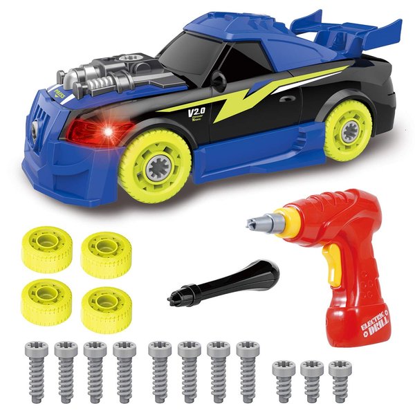 Pup Go Take Apart Toy Racing Car Sound Light, 2 in 1 Build Your Own Car, Drill & Power Tools, Gift Present Children Construction Building Toys for Age 3+ Year Old Boy Kids(4 Spare Screws Included)