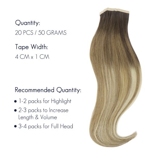HOTBANANA Tape in Hair Extensions, 20 Inch Tape in Hair Extensions Human Hair 20pcs 50g Walnut Brown to Ash Brown and Bleach Blonde Balayage Tape Hair Extensions Straight Human Hair Tape in Extensions