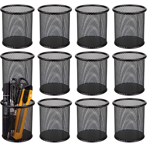 Nicunom 12 Pack Metal Pen Holder Mesh Pencil Holder Desk Organizer Mesh Round Pen Cup Pencil Cup for Desk Office Pen Organizer, Black