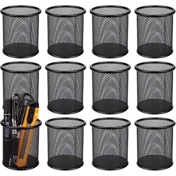 Nicunom 12 Pack Metal Pen Holder Mesh Pencil Holder Desk Organizer Mesh Round Pen Cup Pencil Cup for Desk Office Pen Organizer, Black