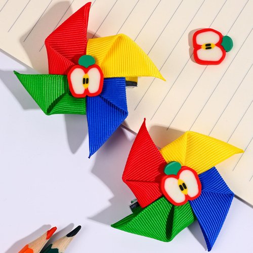 Back to School Hair Clips for Women Apple Bow Claw Clips Colored Windmill Stripe Ribbon Design Small Hair Accessories for Women Styling Cute Non-Slip Decorative Hair Clips 2Pcs