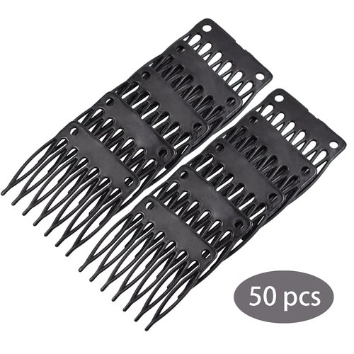 50 Pcs Hair Combs Plastic Clips 7-teeth Wig Combs with 2 Pcs Black Elastic Band 5 Pcs T Pins and 5 Pcs C Curve Needles Sewing
