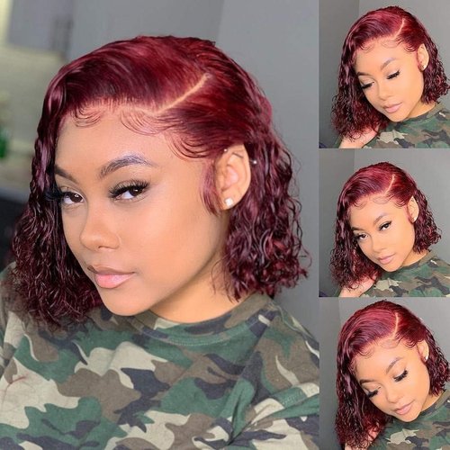 Jasperel 99j Short Curly Bob Lace Front Wigs Human Hair for Women, 13x4 99j Burgundy Lace Frontal Wigs Wine Red Glueless Pre Plucked Brazilian Remy Hair Wigs 150 density 12 inch