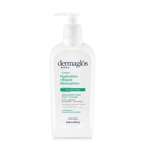 Dermaglós Moisturizing Body Cream | Hydration + Rapid Absorption, 24Hour Duration | Daily moisturizer For all Skin Types Even Sensitive | With Vitamin A, Vitamin E, Allantoin, Glycerin | 10.58 Oz
