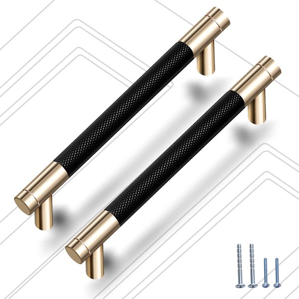 Guoharda 12 Pack 7 1/2 Inch 192 mm Knurled Cabinet Handles Cabinet Pulls Aluminum Handles Pulls Gold and Black Oxidation Finish with Diamond Pattern 8.6" Length (7.5" Hole Center)