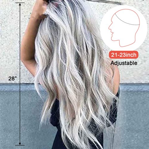 28" Natural Full Wigs Hair Long Wavy Wig Synthetic Heat Resistant Ombre Silver Gray Full Curly Wig with Free Wig Cap for Women Girls Party Cosplay Halloween Costume Accessories (Silver Grey)