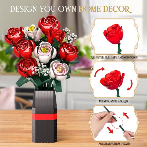 KOJAYHOL Roses Flower Bouquet Building Kit, DIY Flowers Bouquet Building Set with Vase, 841PCS Roses Artificial Flowers Building Set, Gifts for Christmas Valentine Mother's Day Birthday