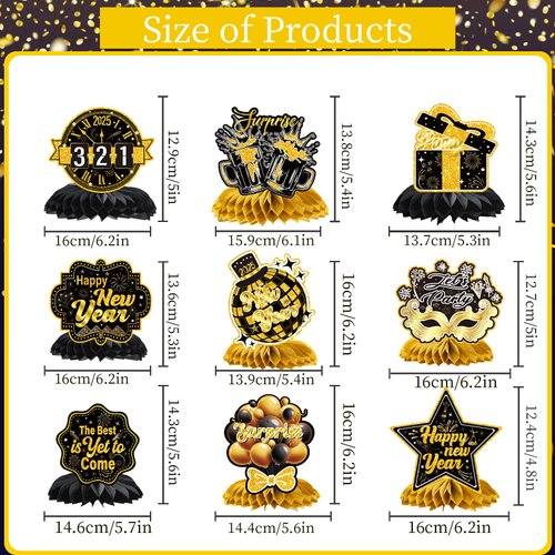 Lovarywow Happy New Year Decorations 2025-9PCS New Years Eve Decorations 2025 Eve Honeycomb Centerpiece Table Decorations Black Gold Nye Party Supplies Happy New Years 2025 Table Decor for Men Women