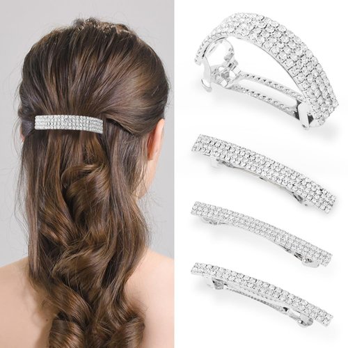 Ahoney 4 Pieces Rhinestone Hair Clips Small Hair Barrettes for Women Glitter Sparkly Metal Spring Hair Accessories Crystal Ponytail Holders Side Clips for Women (Silver)