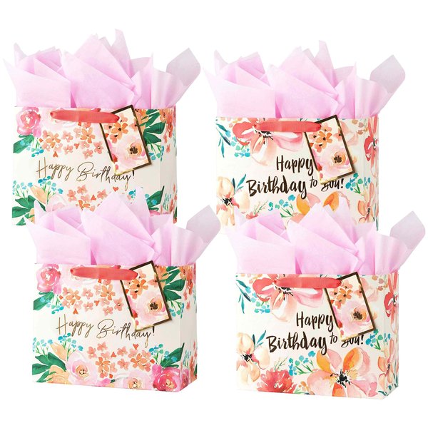 YE GIVING Happy Birthday Gift Bags With Tissue 9"x4"x7" 4 Pack. 2 Designs. Includes Tissue Paper And Tags.